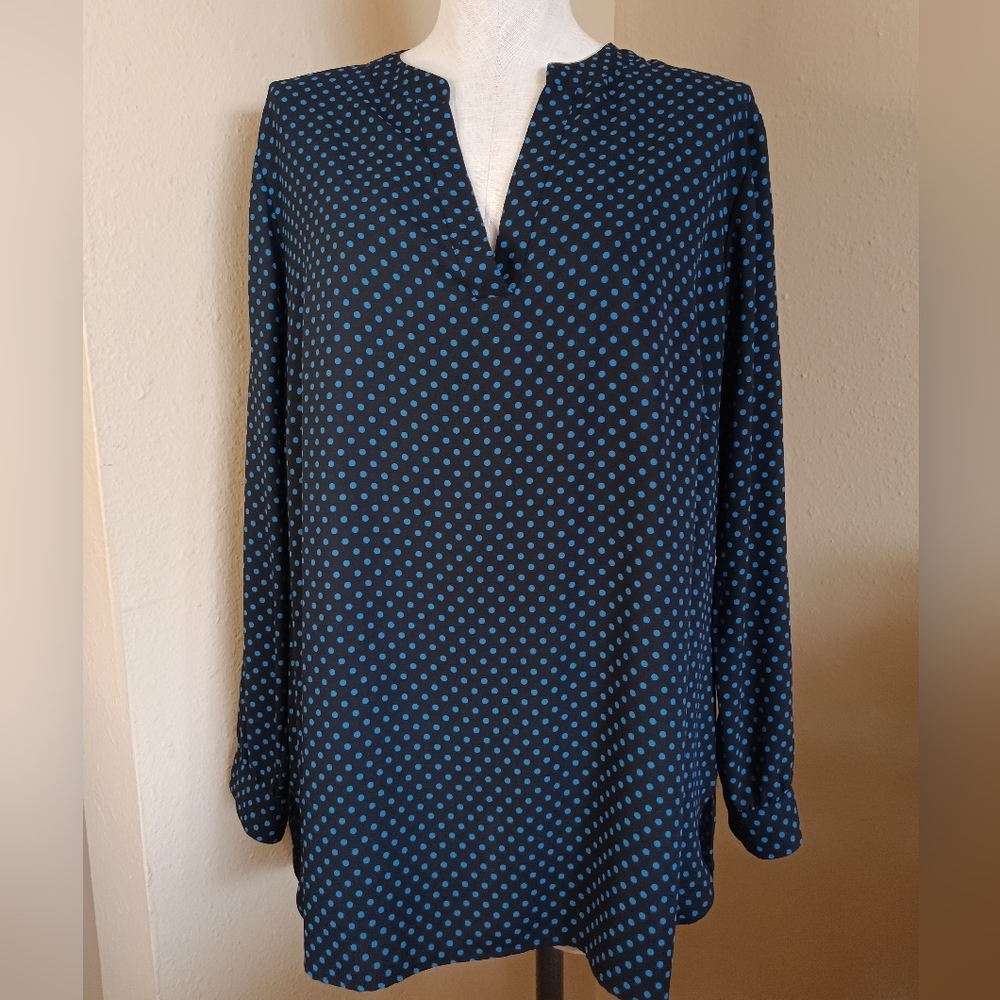 Anne Klein Black with Blue Polka Dots Long Sleeve Blouse XL XXL